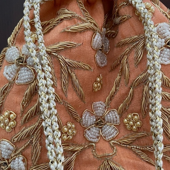 Women’s Luxuries Pearl &glass beads embellished potli bags in peach color - Picture 6 of 7